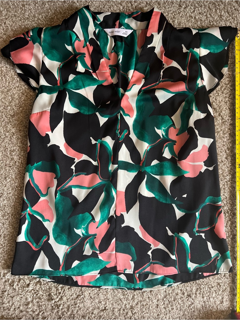 Nine West Black, Green & Pink Abstract Floral Cap-Sleeve Blouse